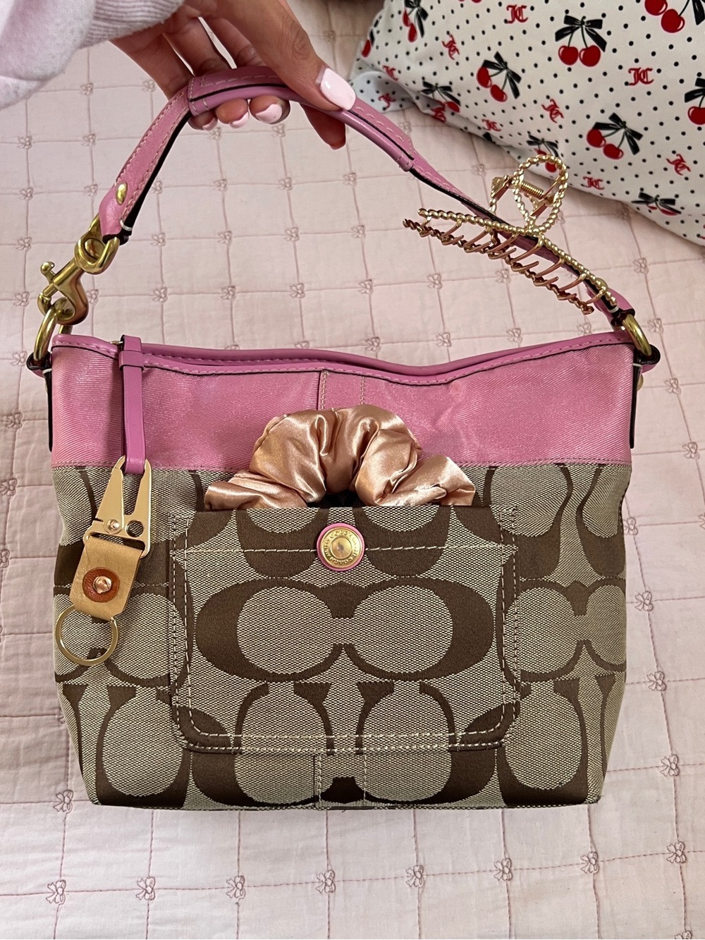 Coach Hobo Bag Medium Pink Khaki Signature Monogram Satin Leather 11957 - Picture 1 of 16